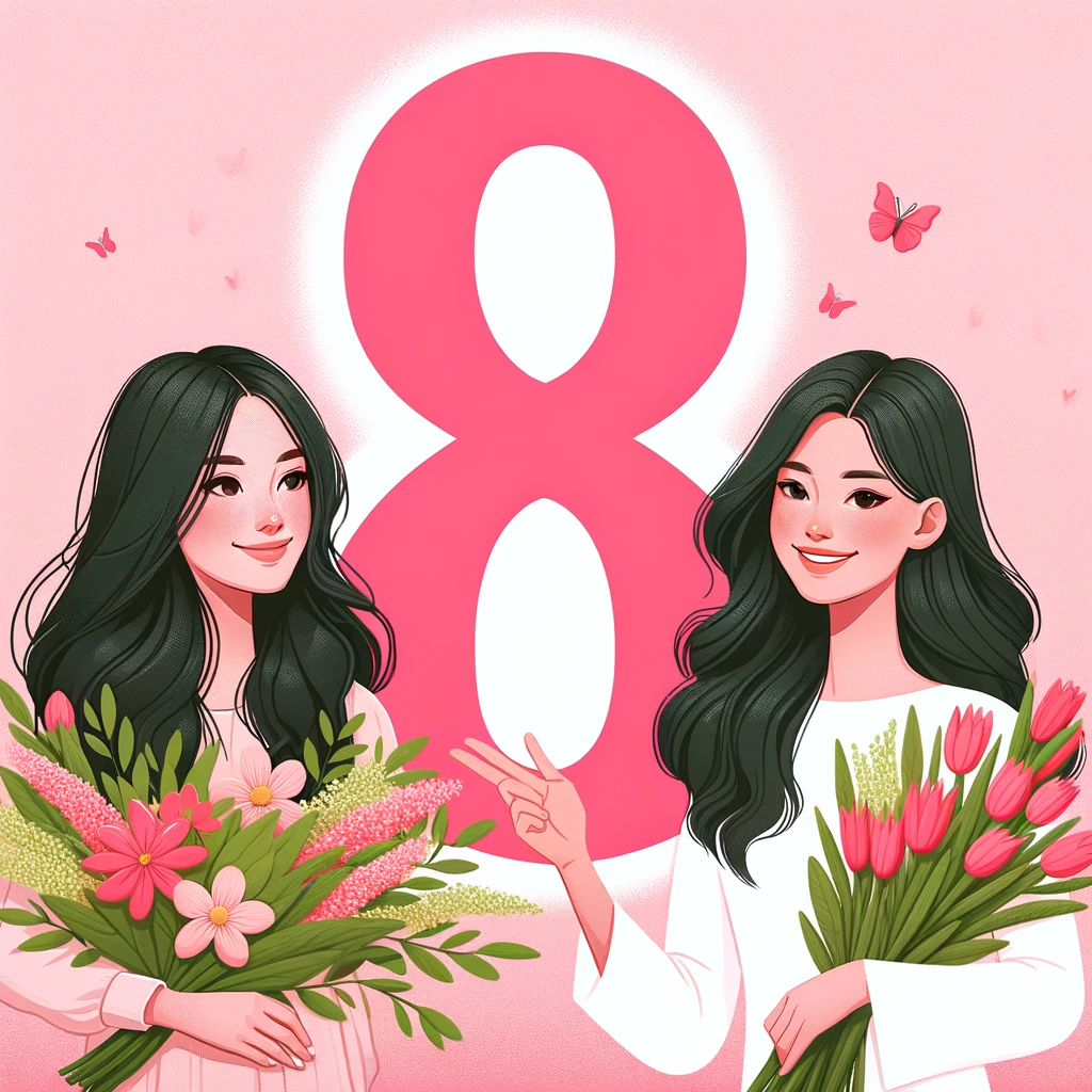 DALL·E 2024-01-25 16.59.13 - A celebratory image for March 8th with a pink background. Feature a large number '8' prominently. Next to it, draw two young, smiling women with dark .png DALL·E 2024-01-25 16.59.13 - A celebratory image for March 8th with a pink background. Feature a large number '8' prominently. Next to it, draw two young, smiling women with dark .png